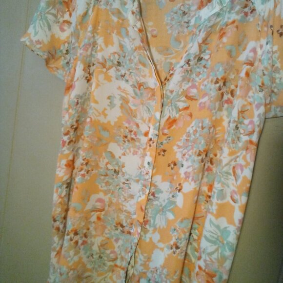 Rose & Olive Blouse Women L Short Sleeve Button Up Feminine Floral Orange Green - Picture 5 of 13